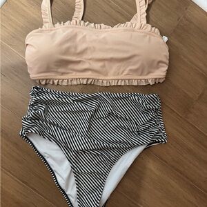 Peach Bandeau Ruffled Bikini Top and Striped Bottom With High Rise Coverage